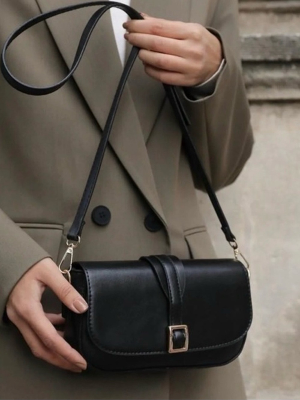 Zara Black Buckle Crossbody Bag Gold Hardware Minimalist